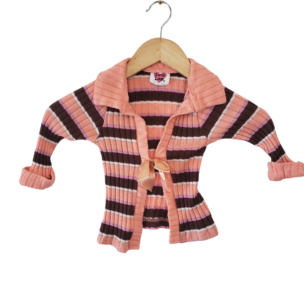 Vintage Y2K Baby Girls Pink Brown Striped Ribbed Knit‎ Bow Cardigan Sweater 18M